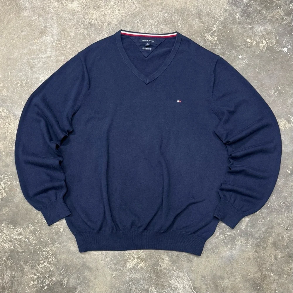 Tommy Hilfiger Navy V-Neck Knit Sweater Classic Flag Logo